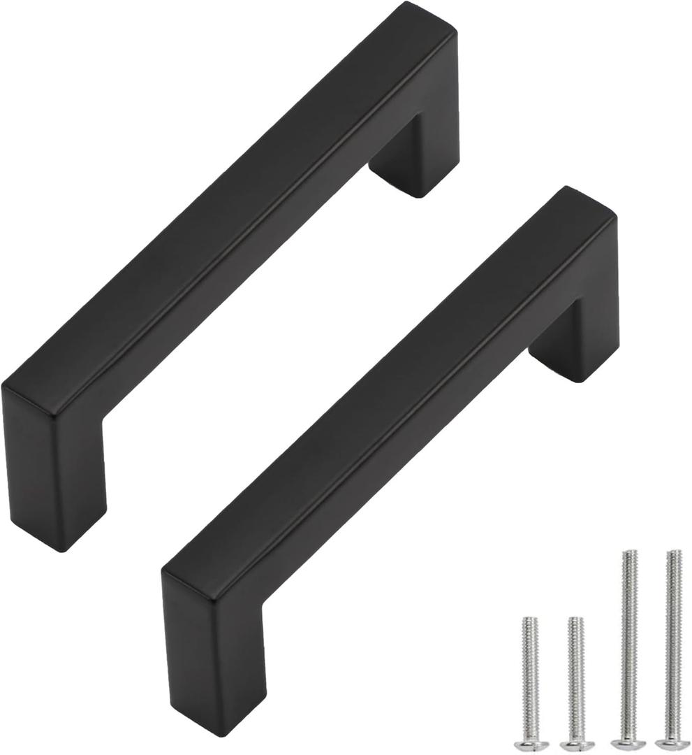 Cabinet Pulls Matte Black Cabinet Handles Square Drawer Pulls, 10 Pack 3-3/4 Inch Stainless Steel Kitchen Door Cupboard Cabinet Handles, Drawer Hardware Handles, 96mm Hole Centers