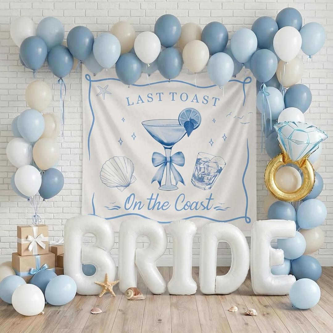 Last Toast on the Coast Bachelorette Decorations Blue bridal shower sand Balloon Garland Kit with Backdrop Huge 40 inch BRIDE letter Diamond Ring balloons for Hen Party Wedding Engagement supplies