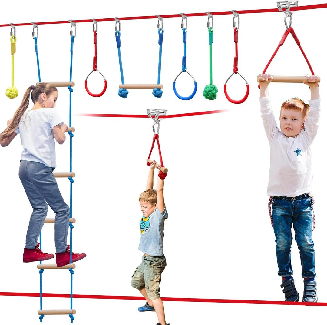 Ninja Warrior Obstacle Course for Kids60ft Ninja Slackline-with 8 Pcs Accessories,Tree Protector & Carry Bag Ninja Course for Kids Outside-Backyard Zip Line for Kids