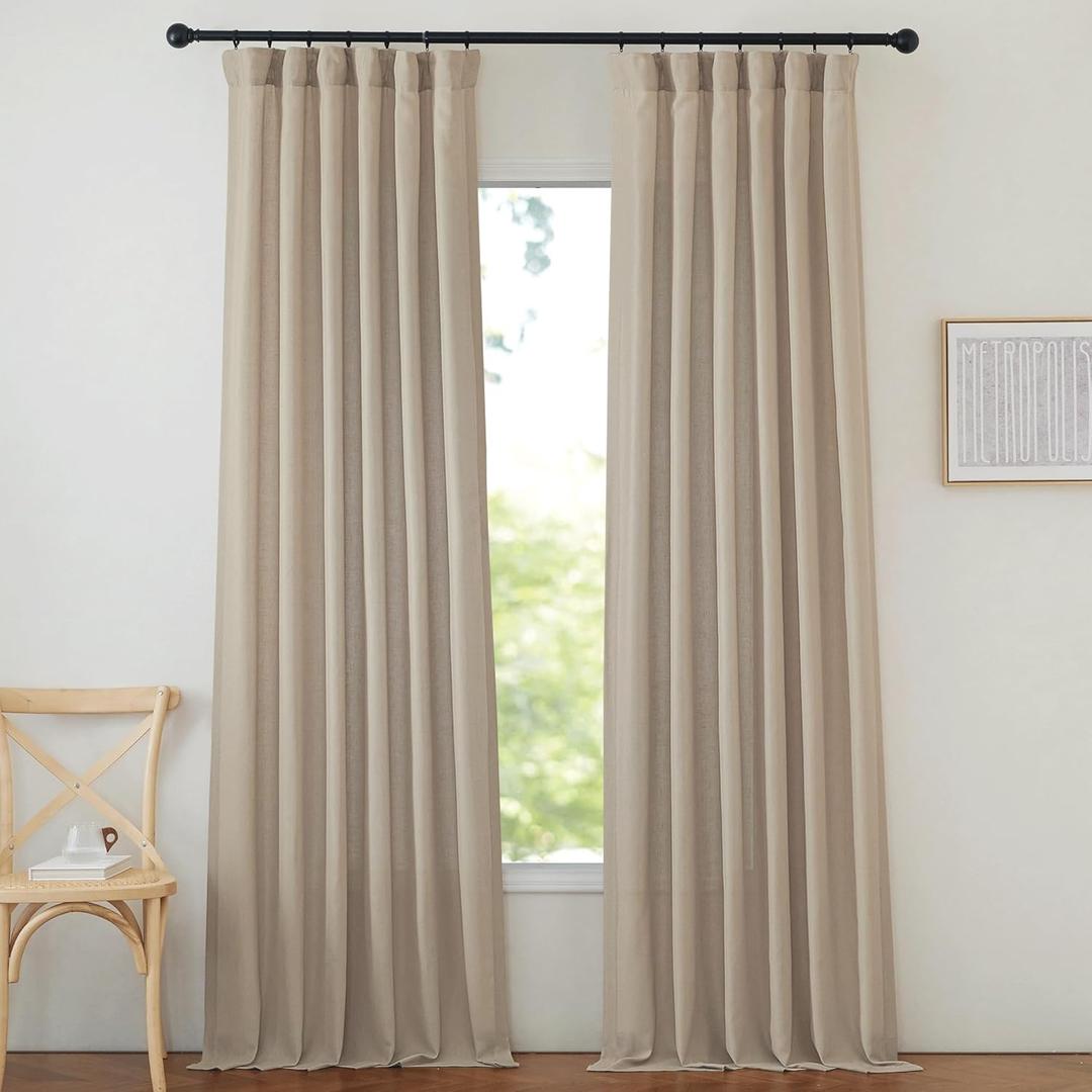 NICETOWN Thick Linen Curtains for Farmhouse 90 inches Long, Pinch Pleated Curtains Flax Linen Privacy with Light Filtering Window Treatments for Bedroom/Boys Room, Taupe, W50 x L90, 2 Panels (Hook Belt| Camel)