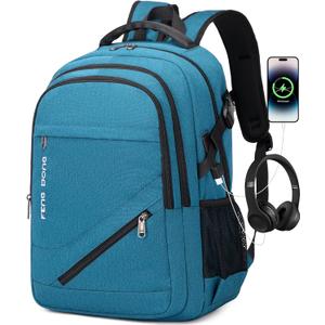 FENGDONG 17.3 inch Large Laptop Backpack Durable Waterproof Travel College Backpack Bookbag for Men & Women Business Backpack with USB Charging Port and Headset Port Light Teal