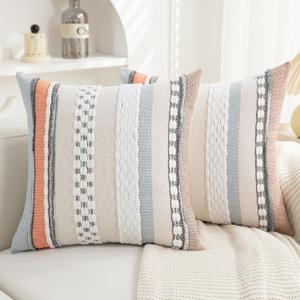 Boho Pillow Covers 18x18 Set of 2 for Couch-Modern Farmhouse Sofa Decorative Throw Pillow Covers Textured Chenille Cushion Covers Outdoor Netural Bohemian Pillow Cases Square (Orange-blue Stripe)