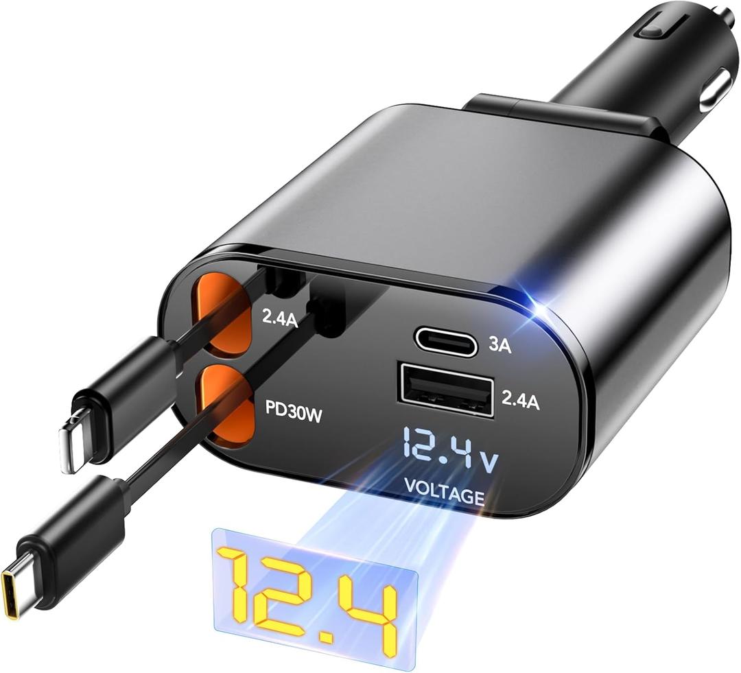 Retractable Car Charger,69W Car Phone Charger USB C Fast Charge,Cigarette Lighter USB Charger Car Accessories for Women,Road Trip Essentials Gift for Men,RV Power Adapter for iPhone 17/16/15/14,Galaxy