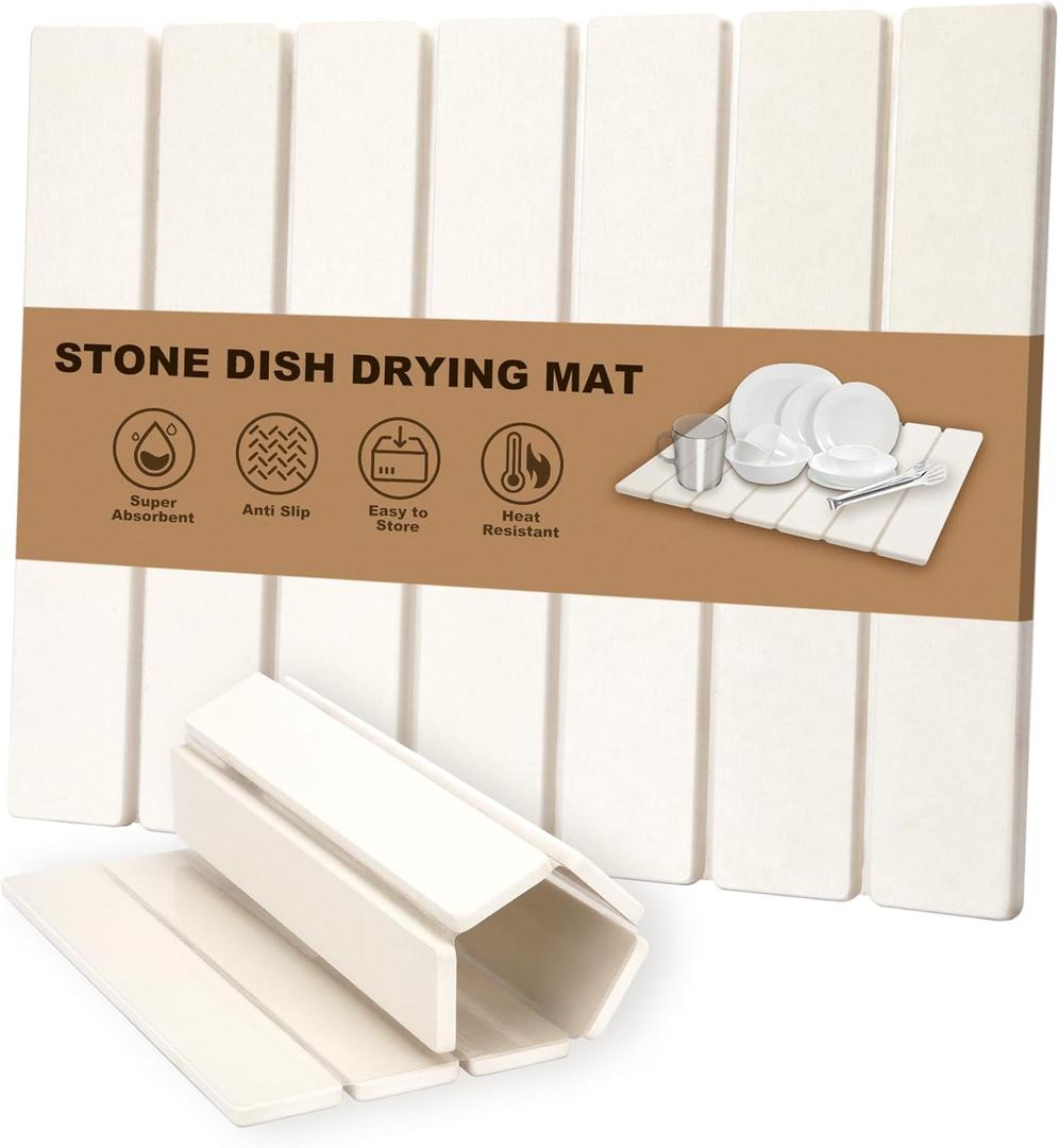 Stone Dish Drying Mat for Kitchen Counter, Foldable Dish Drying Mat, Quick Dry Stone Drying Mat, Absorbent Diatomaceous Earth Dish Mats, Kitchen Drying Mat Dish tray