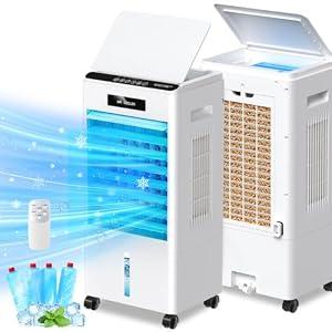 Portable Air Conditioners, 3-in-1 AC Cooling Fan 3 modes 3-Speed with Remote Control & 4 Ice Boxes, Evaporative Air Cooler with 8L Tank 20H Cooling, for Home, Bedroom, Kitchen (White)