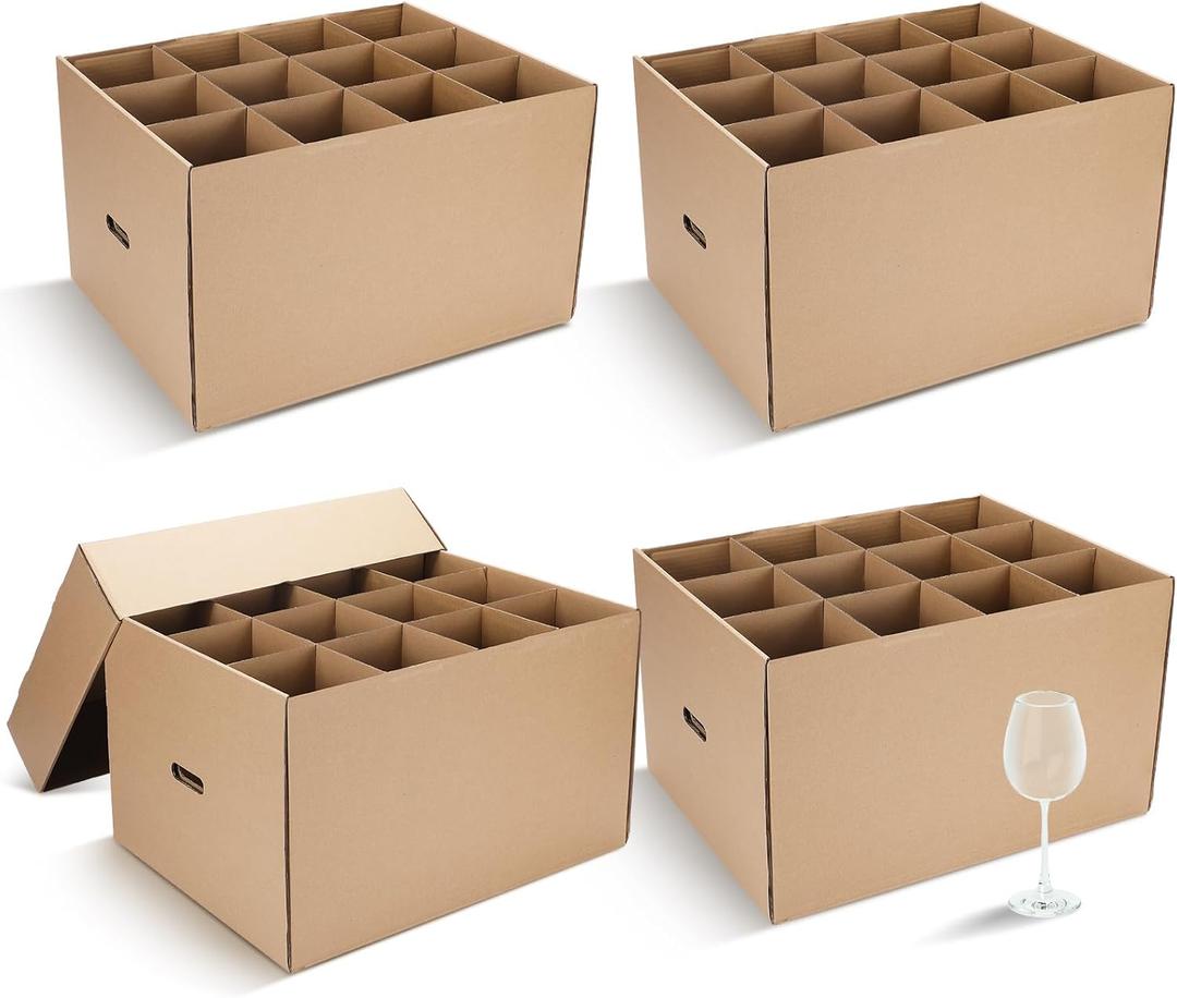 4 Pack Wine Glass Moving Boxes Kitchen Moving Boxes with Handle Kitchen Kit with Lid for Dish Glassware (Brown,20 x 15 x 12 Inches)