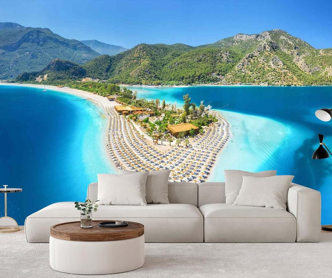 Beach Wallpaper Tropical Landscape Island Mountain Wall Mural for Bedroom Living Room(Not Self-Adhesive) (170" x 120")