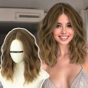 AISI HAIR 14 Inch Honey Blonde Wigs for Women-Shoulder Length Wave Wig with Pre-Cut Lace Hairline, Middle Part Natural Wavy Bob Synthetic Heat Resistant Fiber for Daily and Party