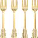 WDF 100 Piece Gold Forks Disposable - 7.48 Inch Gold Plastic Forks - Baroque Plastic Silverware for Dessert Cake - Heavy Duty Plastic Forks for Party, Wedding or Daily Using