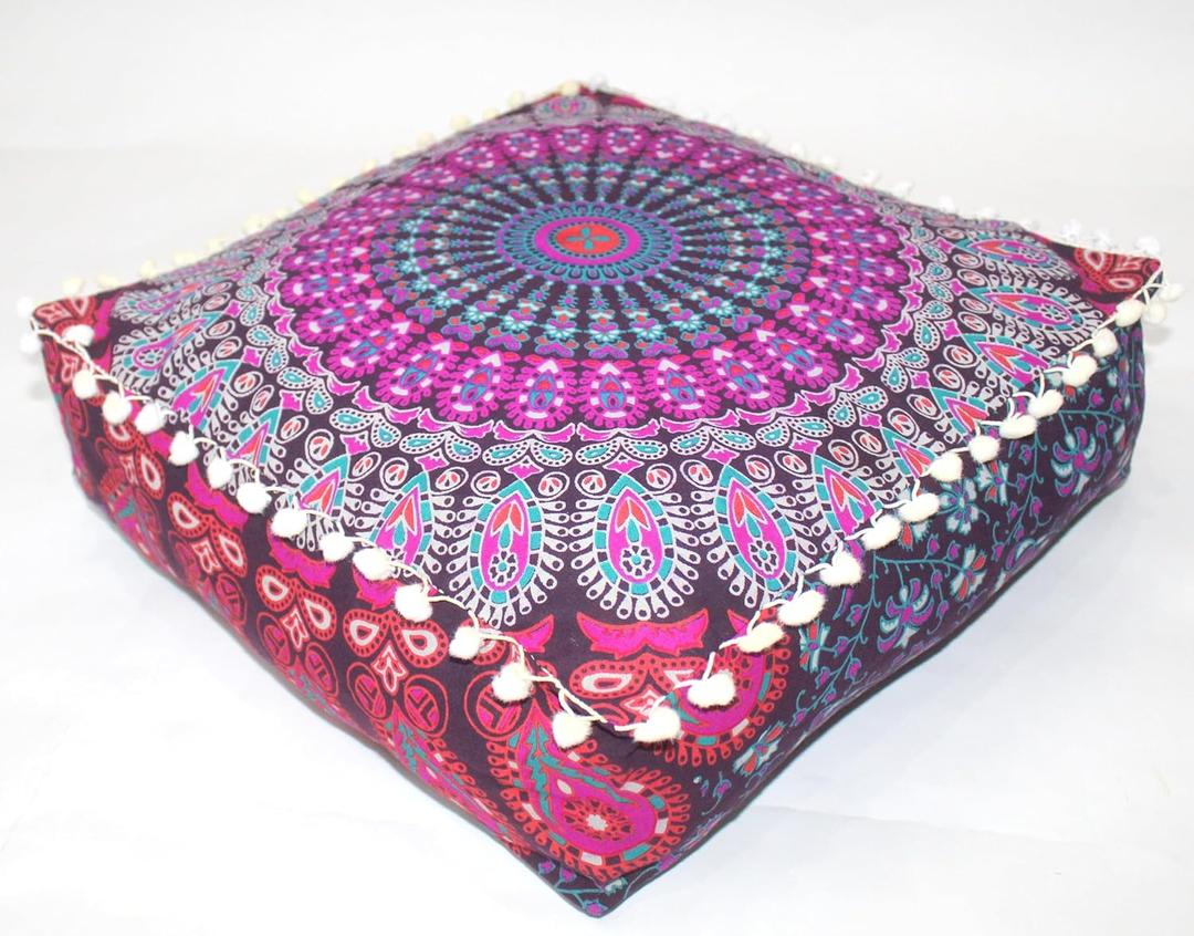 INDIAN CRAFT CASTLE Pink Peacock Mandala Mandala Barmeri Large Floor Pillow Cover Cushion Meditation Seating Ottoman Throw Cover Hippie Decorative Zipped Bohemian Pouf Ottoman Cases 16" Square