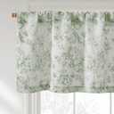 Vangao Linen Valance Curtain Farmhouse Floral Small Window Curtain Light Filtering for Kitchen Rustic Valance for Living Room Bedroom Rod Pocket 1 Panel Green on Beige