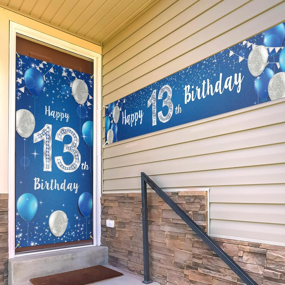 Happy 13th Birthday Door Cover Porch Banner Sign Set - 13 Years Old Birthday Decoraions Party Supplies for Men - Blue