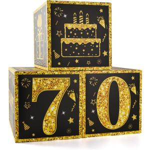 3Pcs 70th Birthday Party Decorations Boxes for Men or Boy- Black Gold Happy 70th Birthday Balloons Boxes,Sixteen Year Old Party Supplies for Men Boy