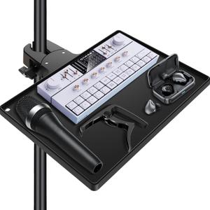 BILIONE Microphone Stand Tray with Crab Clamp, 10.6" x 7.8" Large Tray Shelf Attachment Clamp on Studio Music Floor Stands for Storage
