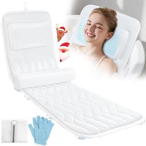 Full Body Bath Pillow for Bathtub,Luxury Thick Bath Cushion for Soaking Tub w/Adjustable Lumbar Support Full Body Bathtub Pillows for Head and Neck Shoulder Support,5D Air Mesh,51"x 16.5"White