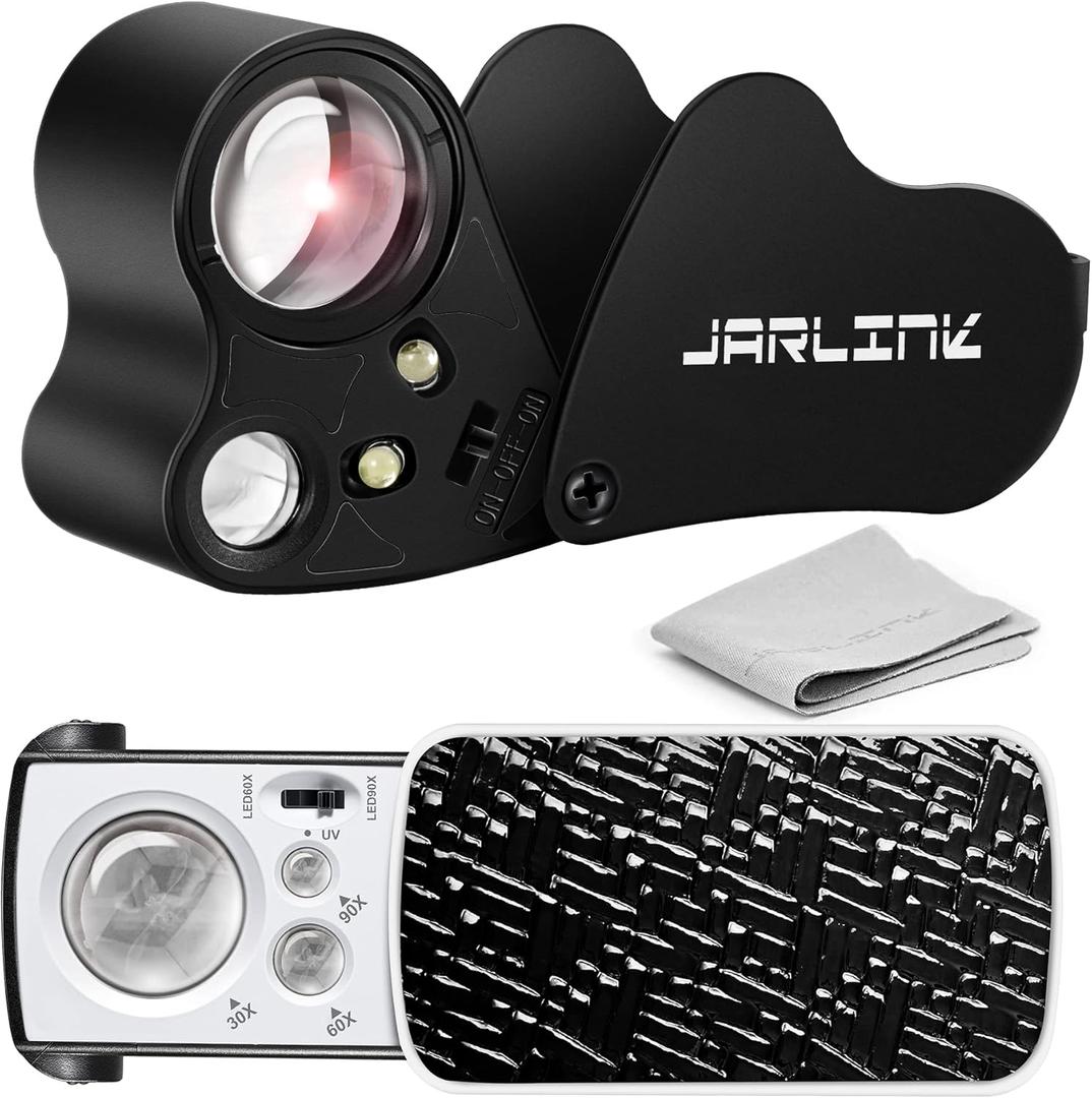 JARLINK 2 Pack Jewelers Loupe, 30X 60X 90X Illuminated Jewelers Eye Magnifier and Magnifying Glass Loop with UV Black Light and Bright LED Light for Gems, Jewelry, Diamond, Coins, Stamps (Black)