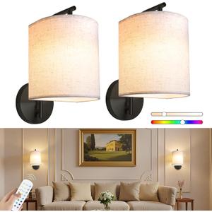 Rechargeable Battery Operated Wall Sconces Set of 2, Wireless Wall Lights with Remote Control 12 RGB Colors Magnetic Bulbs 5200mAh Battery Wireless Sconces for Bedroom Living Room (Black) (Size: 9 inch, Base: Round)