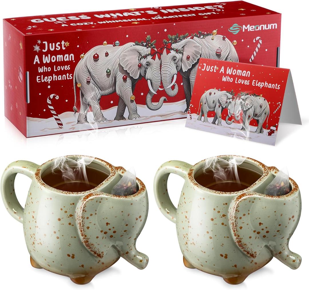 Meonum 2 Pcs Elephant Mugs, 15 oz Elephant Ceramic Coffee Cups, Gift for Women Include Animal Shaped Tea Cups, Greeting Card and Custom Gift Box for Birthday Holiday Housewarming Christmas