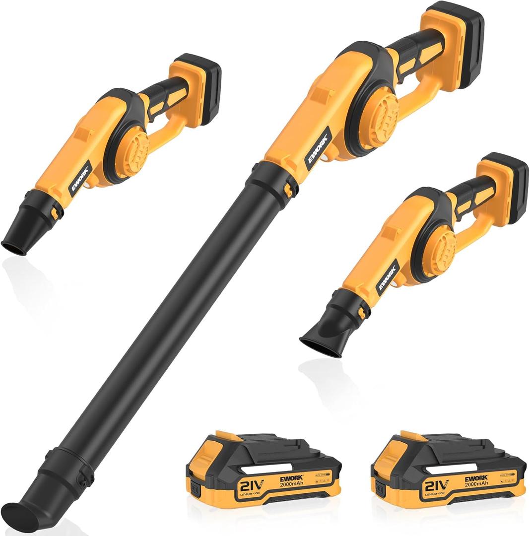 EWORK Small Leaf Blower Cordless 21V 130CFM/200MPH Lightweight Electric Leaf Blower with 2x2.0Ah Battery and Fast Charger, Mini Battery Powered Compact Blowers for Lawn Care, Leaves, Jobsite (Yellow)