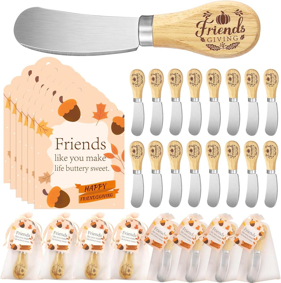 ERTIUANIO 20 Sets Friendsgiving Party Favors Bulk, Thanksgiving Fall Gifts for Friends, Stainless Steel Butter Knife with Wood Handle With Thank You Card Organza Bag, Friendsgiving Party Supplies