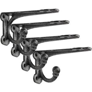 Cast Iron Shelf Brackets 4 Inch, 4 Pack Black Rustic Shelf Brackets with HooksHeavy Duty Floating Brackets Wall Mounted, Decorative Brackets for Wood Shelves