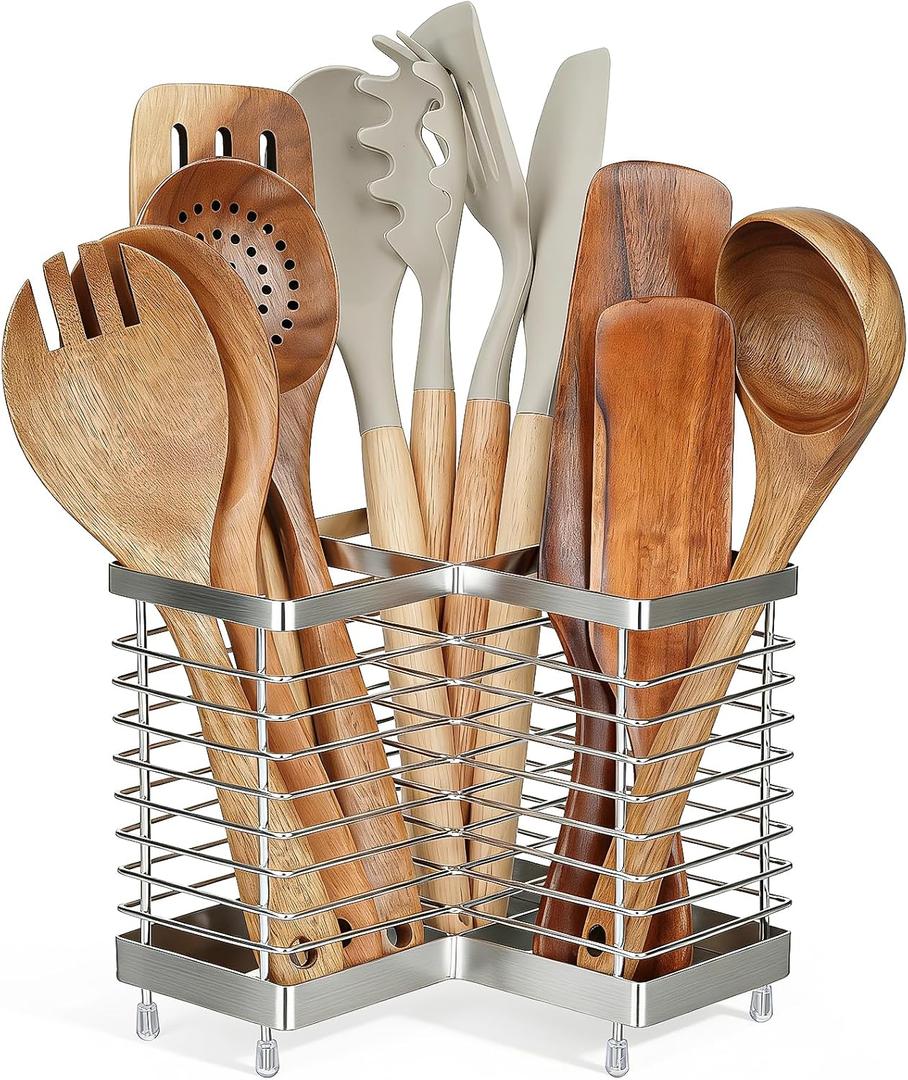 Utensil Holder, Stainless Steel Corner Utensil Holder for Kitchen Counter, 3 Compartments Utensil Crock Organizer for Spatulas, Silverware, Forks, Knives, Spoons & Cooking Tools, 6.3"L × 6.3"W × 6.3"H