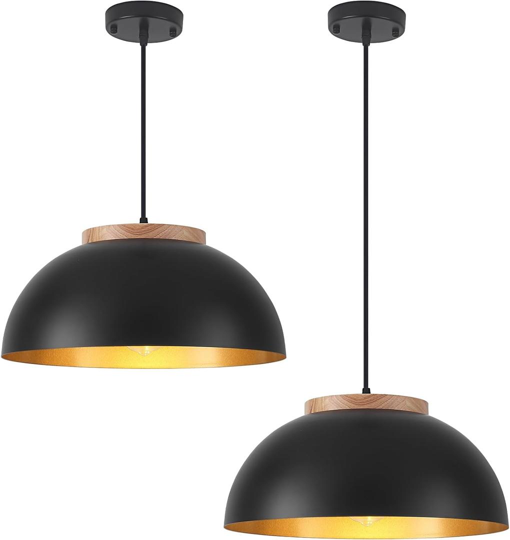 Wood Pendant Lights, 15.7" Black and Gold Pendant Light for Kitchen Island, Farmhouse Hanging Lights for Dining Room, Living Room, Bedroom, Bar, Adjustable Pendant Light Fixtures, 2 Pack