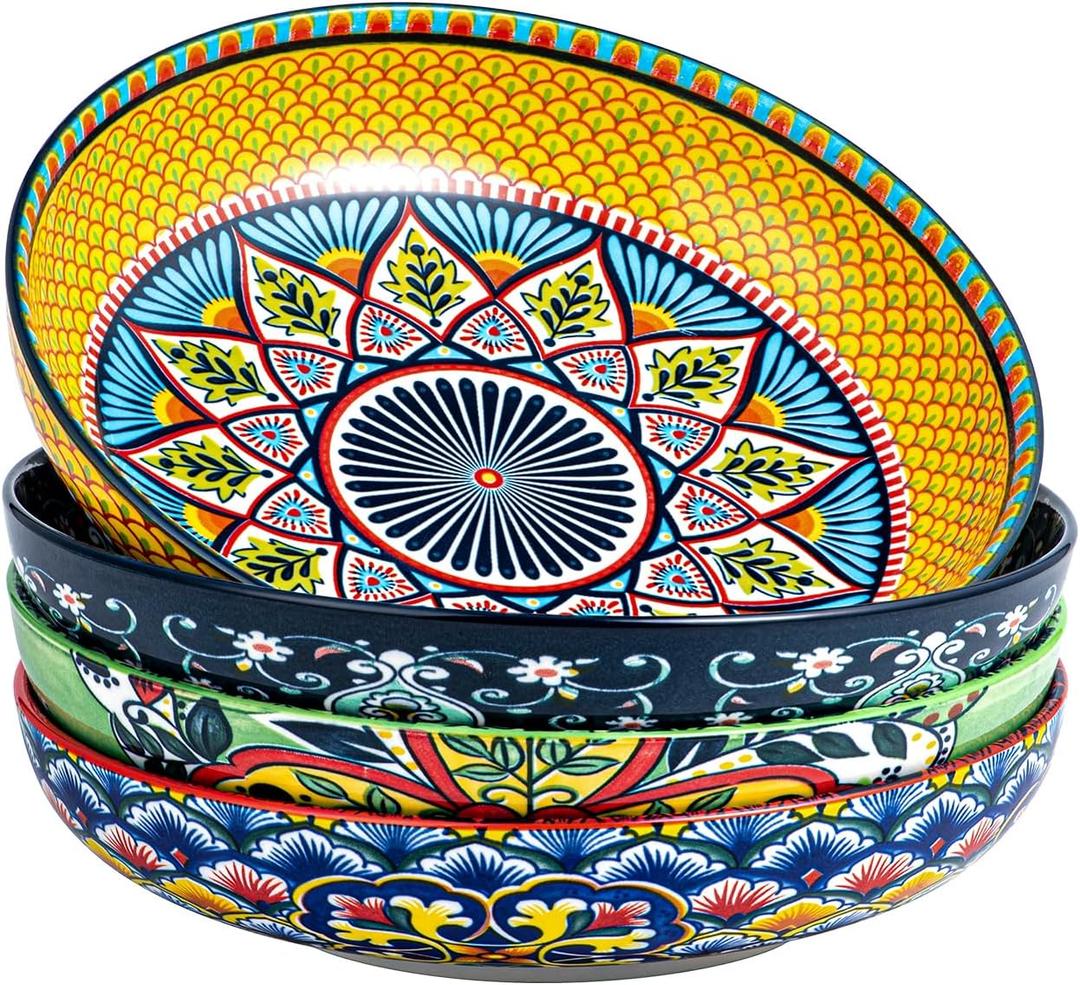 HENXFEN LEAD 33 oz Ceramic Pasta Bowls Set of 4, 8 Inch Wide & Shallow Bowls  Colorful Serving Bowls for Salad, Soup, Pasta, Microwave & Dishwasher Safe