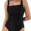 Lulukaka Women's One Piece Swimsuit Tummy Control Square Neck Bathing Suits Adjustable Straps Retro Ruched Swimwear, Black S 0~2 US Size
