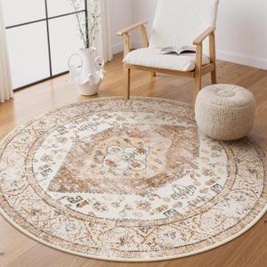 Lahome Boho Round Rugs - 4Ft Washable Non-Slip Small Round Area Rug Throw Lightweight Round Nursery Carpet KidsOriental Distressed Print Kitchen Mat for Bedroom Entryway Bathroom Living Room (Taupe)