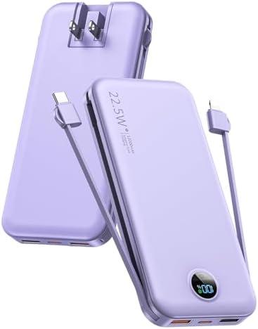 Portable Charger, 12000mAh 22.5W USB C Fast Charging Power Bank with Built-in Cables and AC Wall Plug, Smart LED Display Travel Essentials Battery Pack Compatible with iPhone, iPad, Samsung etc. Purple