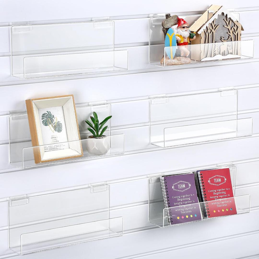 Briwooody 6 Pack Slatwall J Ledge Shelf, Clear Acrylic Slatwall Shelves with Lip Hanging Storage Accessories for Retail Display Boutiques Home Stores Boutiques (12 Inch Wide by 3 Inch Deep,Classic)