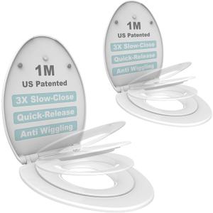 1M Family Toilet Seat, Patented Slow Close & Quick Releasing Technology, Anti-Wiggling, Easy to Install and Clean, Standard Elongated with Toddler Seat Built In (2 Pieces)