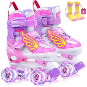 Girls Kids Adjustable Light Up Skates, 8 Light UP Wheels, Rainbow Roller Skates for Toddlers Beginner Kids (S 9C-12C) ) (Pink)