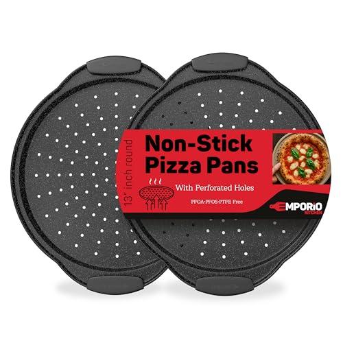 Non-Stick Pizza Pan with Silicone Handle 13 Inch Round Carbon Steel Tray with Perforated Holes, Dishwasher & Oven Safe Up To 450°F, PFOAPFOSPTFE Free, Durable Nonstick Gray Marble Coating (1 PCS)