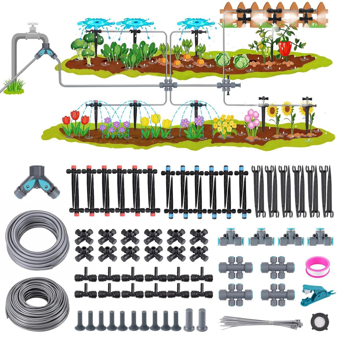 240FT Quick-Connect Drip Irrigation System, Garden Watering System 1/4" & 1/2" Fast-Lock Tubing, Adjustable Nozzles Emitters for Outdoor Raised Garden Beds,Greenhouse, Lawn, Patio
