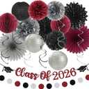 2 x 2026 Class Graduation Party-Decorations Banner-Streamers - 21pcs Burgundy Black Silver Congratulations Grad Backdrop Decor,Tassel Garland,Tissue Pom Poms Honeycomb,Paper Lantern Fans Hugtmr