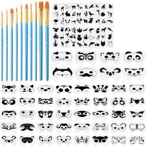 Fainne 68 Pcs Face Paint Stencils Kit, 48 Reusable Facial Painting Stencils with 10 Stickers 10 Painting Brushes Plastic Tattoo Templates for Halloween Party Makeup DIY Drawing Art (Animal Style)