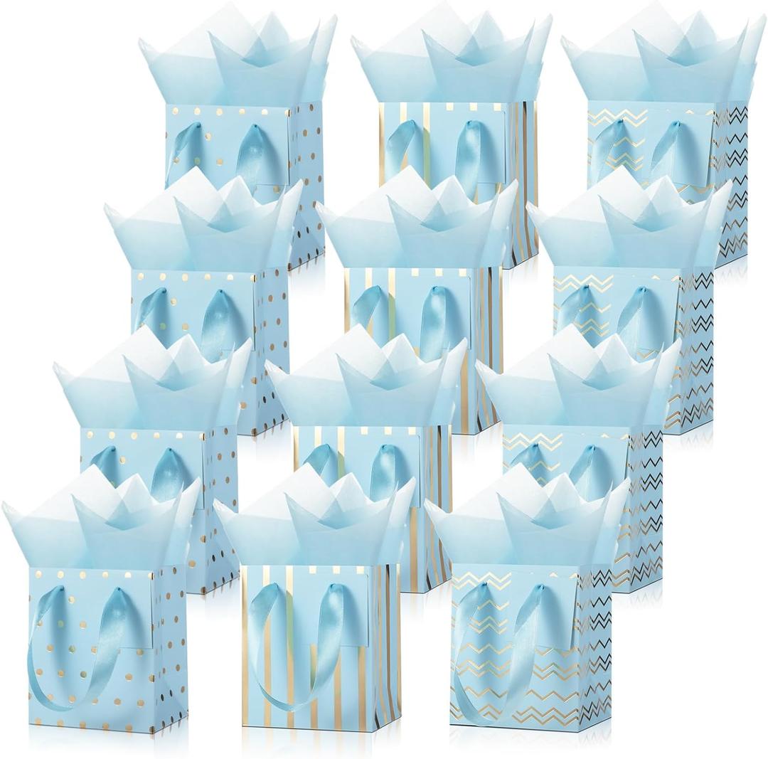 Tenare 12 Pcs Small Gift Bags Mini Metallic Paper Bag Bulk Tiny with Handle Tissue Paper for gift wrapping Birthday Wedding Baby Shower Party Favor Supplies(4 x 2.75 x 4.5 Inch,Light Blue Gold)