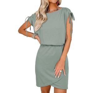 Dokotoo Womens 2024 Summer Dress Drawstring Cap Sleeve Crew Neck Wrap Bodycon Dresses Mini Short Dress