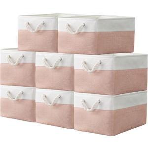 8 pack Storage Basket Bins & Decorative Baskets Fabric Storage Cubes Containers Bulk W/Handles for Office, Home, Books, Clothes, Bedroom, Closet (white/pink)