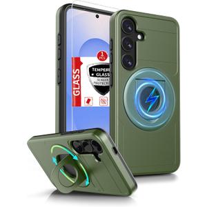 for Samsung Galaxy S25 Case Compatible with MagSafe Magnetic,with 1 Screen Protector,Built-in Ring Kickstand Military Grade Drop Heavy Duty Protection Scratch Resistant Shockproof Phone Green
