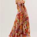 ABYOVRT Women Floral Maxi Dress Short Puff Sleeve V Neck Bohemian Flowy Dress Smocked Casual Spring Summer Dresses (L)