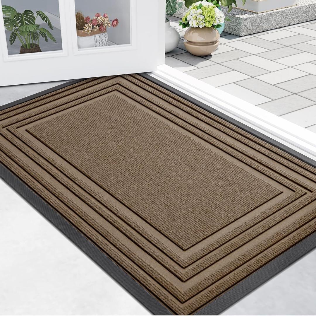 Buganda Front Door Mat Indoor Outdoor Entrance, Non-Slip Natural Rubber Doormats, Easy Clean, Low Profile, Dirt Trapper Entryway Floor Mats for Outside, Garages and Patios, 29.5x17, Light Brown