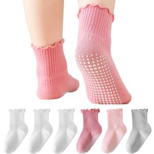 BISOUSOX Toddler Ruffle Socks for Girls, Baby Girl Grip White Frilly Grippy Non Slip Sock with Grips 0-6-12 Months 1-5T