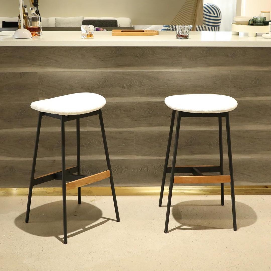 Bar Stools Set of 2, Bar Height Saddle Bar Stools, Boucle Fabric Modern Backless Kitchen Counter Stools,Metal Base Barstools for Kitchen Island Home Bar (White, 30" Bar Height)