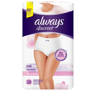 Always Discreet for Sensitive Skin Underwear, Four Times Skin Protection, Dermatologically Tested, FragranceFree, Maximum Absorbency, Small/Medium, 28 Count