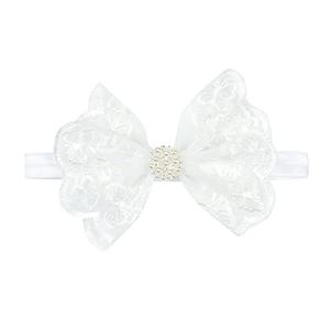 Koolgil Baby Girl's Elegant Lace Bow Knot Headband Children's Rhinestone Pearl Lace Headband for Birthday Party Photography (White Pearl)