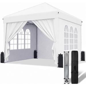 10x10 Pop Up Canopy with Sidewalls, One Push Setup, Portable Carry Bag-White