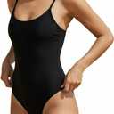 Women's One Piece Bathing Suit Swimsuit, Low Back, Medium High Leg Cut, Medium Cheeky Bottom Coverage (Large, Black)